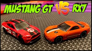 FORD MUSTANG GT VS MAZDA RX7 - 1v1 - Hot Wheels Cars Racing - 2 Lace Races - Long Track