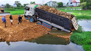 Incredible Landfill! Be Watchful! Dump Truck 25.5Ton Back Uploading Stuck Technique Rescue by Dozer