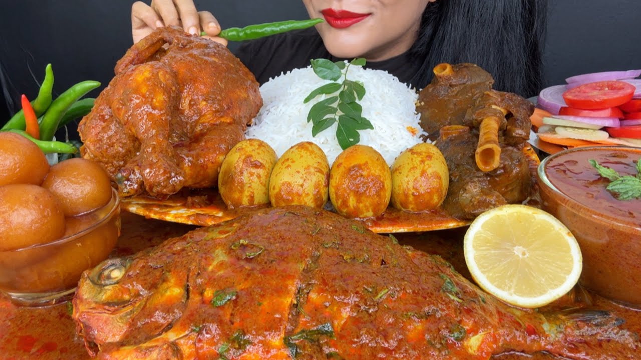 Asmr Eating Spicy Mutton Curry Fish Curry Chicken Curry Egg Curry Gulab