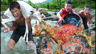 Cooking in jungle, meet the goat at waterfall | Primitive technology