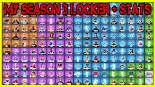 SHOWING MY LOCKER \u0026 STATS (SEASON 3) | ALL MY SKINS, PICKAXES, GLIDERS, EMOTES \u0026 MORE! | Fortnite!