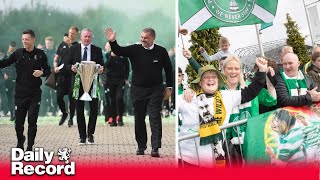 Celtic team arrive at packed Parkhead for Premiership title party