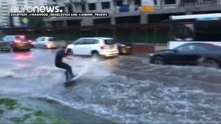 Russia wakeboarder rides the waves in Moscow street