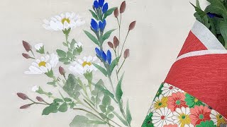 秋の雰囲気ある花束の絵（ワレモコウ　リンドウ　小菊）Draw elegant autumn flowersほのぼの一筆画36🥰2023