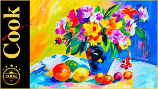 Paint a Vivid Vase and Colorful  Citrus - A Dance of Acrylic Paints Step by Step Tutorial