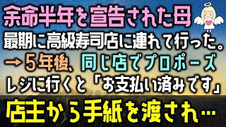 【感動する話】余命半年を宣告された母親。最期に高級寿司店に連れて行った。→５年後、同じ店でプロポーズ会計の為レジに行くと「お支払い済みです」店主から手紙を渡され…（泣ける話）感動ストーリー朗読