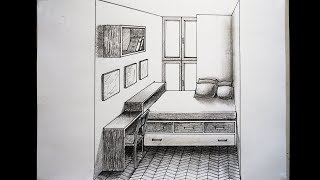 How to draw - resting corner with bed and window- one point perspective