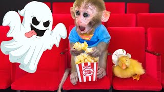 Monkey Baby Bon Bon goes to the movies with the duckling and swims with puppy in swimming pool