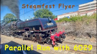 Steam loco 3526 with the Steamfest Flyer - Parallel run with Garratt 6029 through Sydney suburbs.