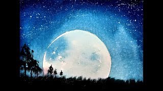 how to paint moonlight scenery for kids_Simple watercolor painting tutorial