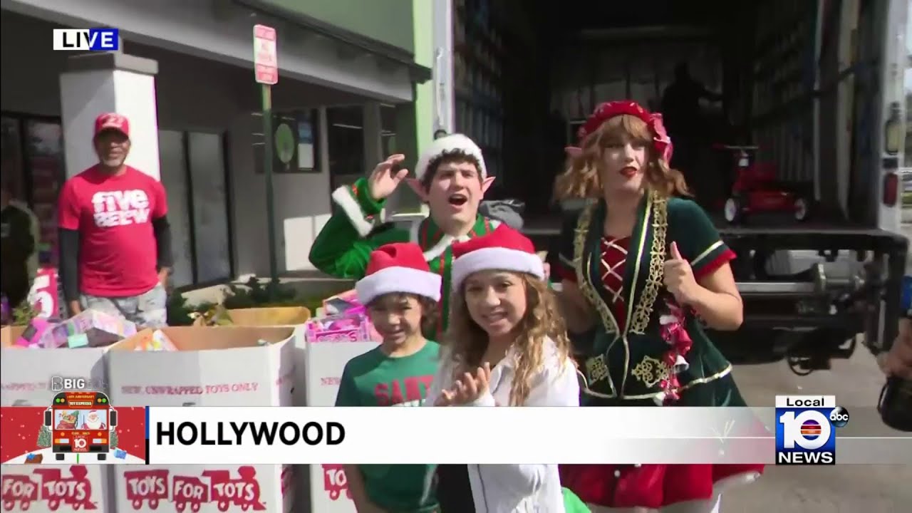 Local 10 Big Bus Toy Express Stops In Hollywood - YouTube