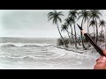 how to draw sea waves,beach and  coconut trees by pencil.