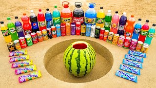 Watermelon vs Big Coca-Cola, Fanta, Chupa Chups, Monster, Mtn Dew, Sprite and Mentos Underground!