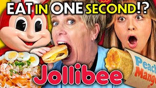 Eat In One Second - Jollibee (Chicken Joy, Yumburger, Peach Mango Pie) | People vs Food