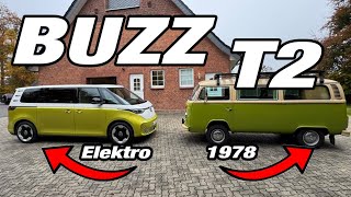 VW ID.BUZZ LWB 210 kW trifft auf 1978 VW Bus T2 Westfalia Camping: Ein Vergleich der Generationen!