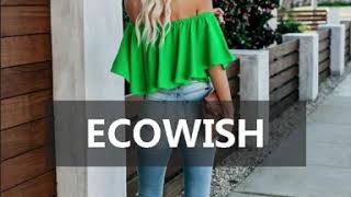 ECOWISH Women's Summer Off Shoulder Ruffles Solid Shirt Short Sleeve Casual Blouses Loose Tops