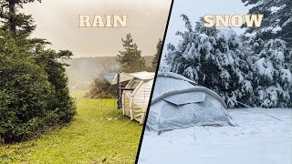 Hot Tent Camping in Rain and Snow with Decathlon Air Second Inflatable  Tent [ASMR]