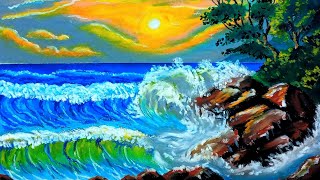 How to draw a coastel landscape/Ocean waves drawing with oil pastel.