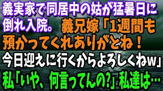 義実家で同居中の姑が猛暑日に倒れ入院になった。義兄嫁「1週間も預かってくれありがとね！今日迎えに行くからよろしくねw」→私「いや、何の話してるんですか？」私達は…