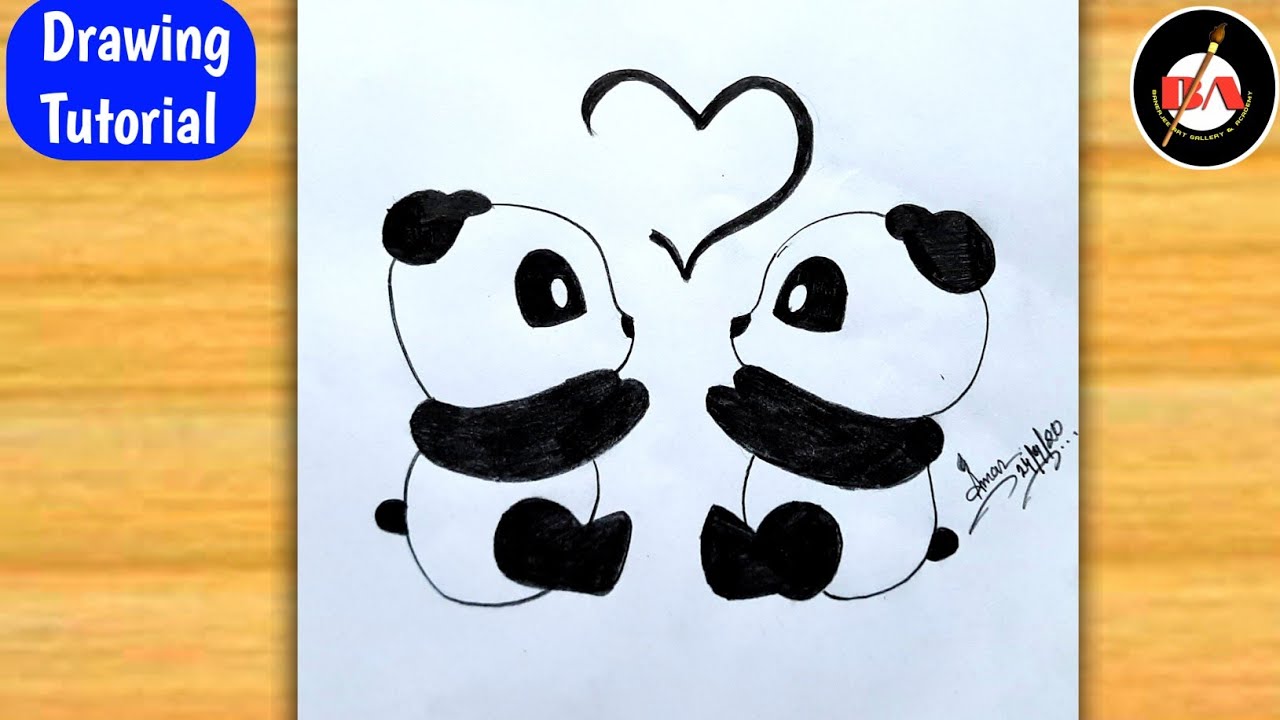 How To Draw Cute Panda With Love Easy Step By Step . Pencil Drawing ...