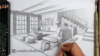 Drawing A Living Room In Two Point Perspective | Timelapse