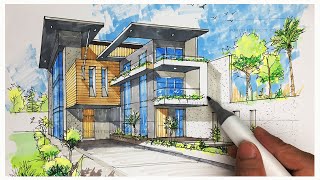 HOW TO DRAW 2 POINT PERSPECTIVE OF A MODERN TWO STOREY HOUSE.
