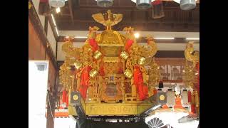 Gion Matsuri Saki Matsuri Yoiyama. The portable shrines stand side by side in Yasaka-jinja Shrine.