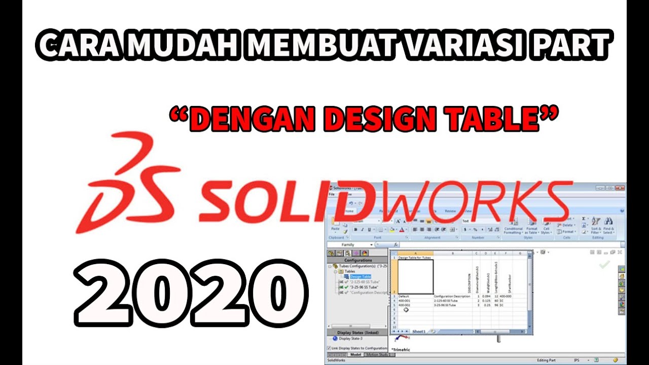 CARA MEMBUAT VARIASI PART DENGAN FITUR DESIGN TABLE || SOLIDWORKS 2020 ...