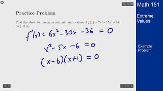 Calculus 1 - Example Problem - Extreme Values