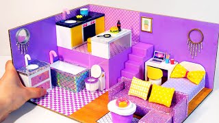DIY Miniature Cardboard House #31   purple bathroom, kitchen, bedroom, living room for a family