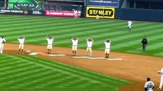 Yard crew performing YMCA at Yankee Stadium