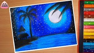 How to Draw  Scenery of Moonlight With Oil Pastels - Step by Step