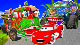 Lightning RETRO McQueen and MATER vs FIRE TRUCK ZOMBIE Pixar cars Zombie apocalypse in  BeamNG.drive