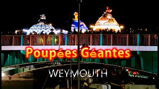 Giant Illuminated dolls;  Poupées Géantes \u0026 drummers parade Weymouth, French performers. 2023