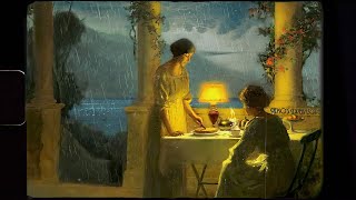 1930's Summer night rain on a terrace by the ocean (vintage oldies music, ocean waves) 6 HOURS ASMR