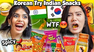Korean 🇰🇷 tries SPICY Indian Snacks for the first time!! *Hilarious Reaction* 😂