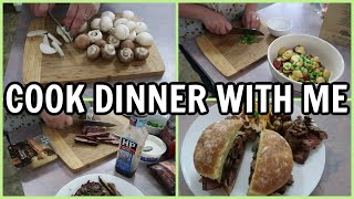 COOK DINNER WITH ME - LOADED BAKED POTAT0 - STEAK SANDWICHES WITH ONIONS AND MUSHROOMS