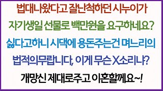 (사이다사연)법대출신이라고 잘난척만하는 시누가  자기생일날 100만원짜리 선물을 해달라네요? 그리고 시댁에 용돈주는건 며느리 법적의무래요. 아주 개망신주고 이혼합니다!