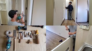 【DIY Vlog】ドア取り付け作業～丁番加工\u0026小口テープ貼り\u0026レバー加工