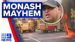 Driver scrambles from burning wreck after truck explodes into flames | 9 News Australia