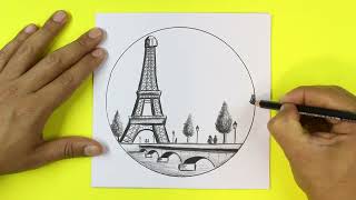 🟢 Dibujos de Paisajes a Lapiz 👉 Como Dibujar un Paisaje de La Torre Eiffel PARIS  Francia