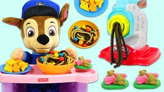 Paw Patrol Baby Chase Pretend Cooking Play Doh Pasta Meal with Kitchen Creations Noodle Maker Set!