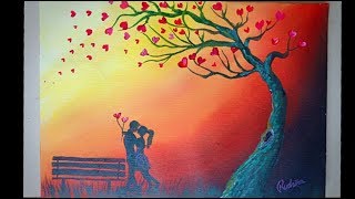 Romantic Couple Under The Heart Leaves Tree | Acrylic Painting Tutorial