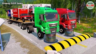 Double Flatbed Trailer Truck vs speed bumps|Busses vs speed bumps|Beamng Drive|235