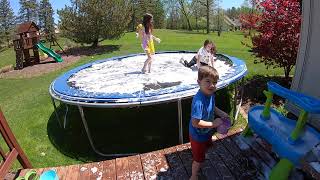 Mom wasnt home so we made bubbles on the trampoline
