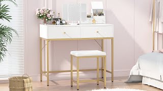 SUPERJARE Vanity Desk, Makeup Vanity with Stool \u0026 Tri-fold Lighted Mirror, Vanity Table Set