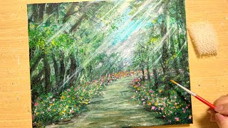 How to draw a flowering path with acrylic paint / Forest and Sunlight / for beginners / Step by step