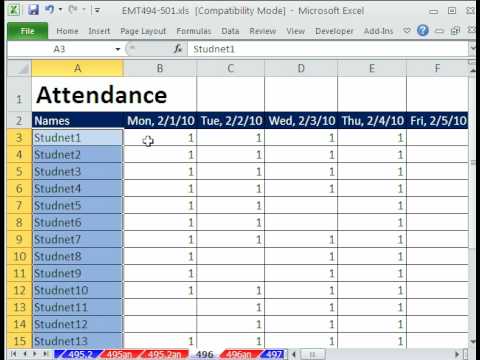 Excel Magic Trick 496: лист посещаемости с областью фиксации, функциями ЕСЛИ и СУММ, настраиваемым форматированием даты