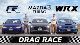 2021 Mazda3 TURBO vs Golf R vs Subaru WRX // DRAG RACE, ROLL RACE & Mazda3 Review