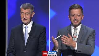 Proč tady není Bartoš? pokřikoval Babiš na Rakušana ve studiu a mával plakátem Pekové